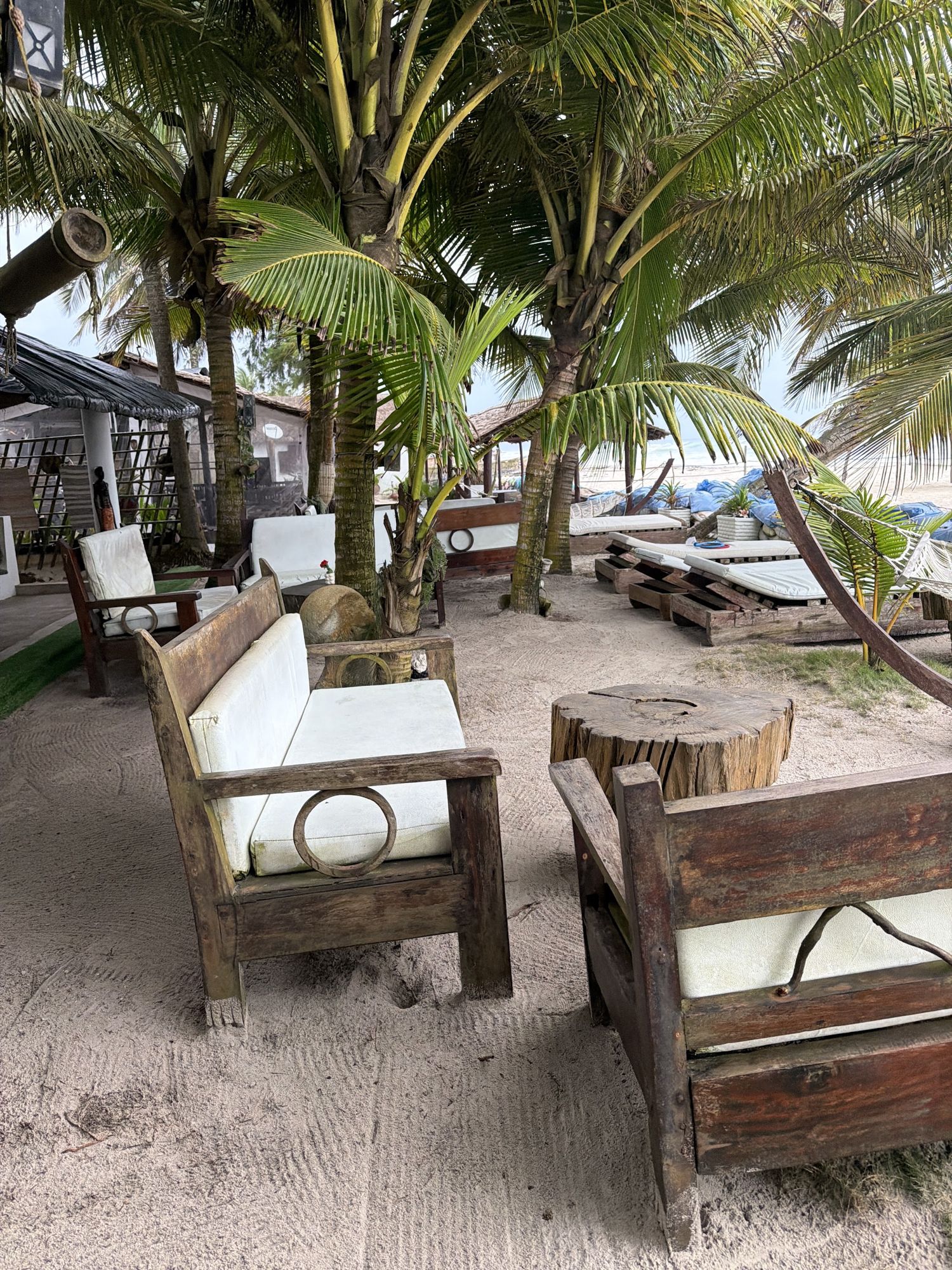Fauteuils et tables en bois sous les palmiers